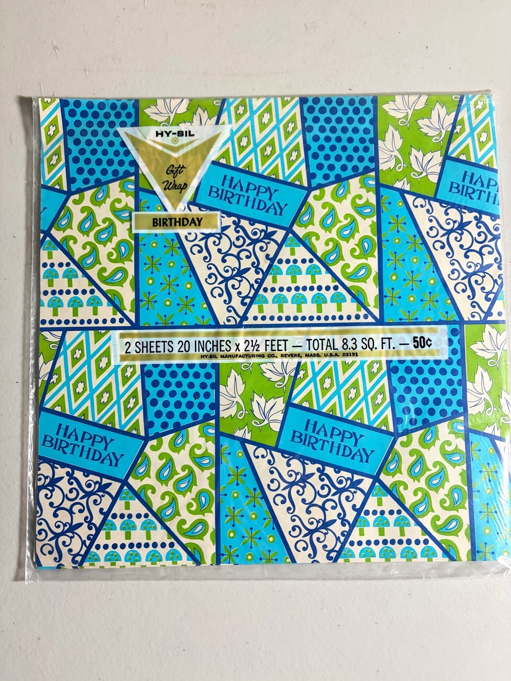 Vintage Hi-Sil Teal & Green Mushroom Paisley gift wrap 2 Sheets 8.3 Sq.Ft